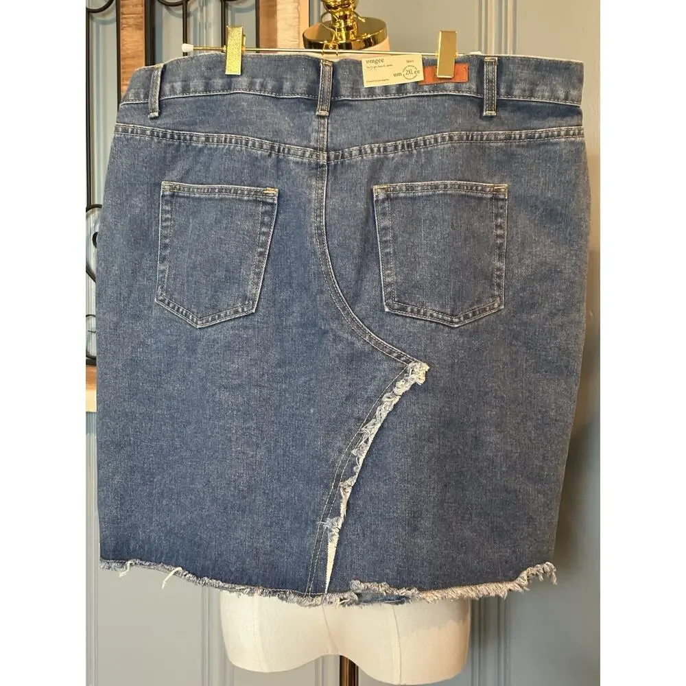 Women's Plus Umgee Modest Western Blue Denim Jean Skirt Frayed Hem NWT 2XL